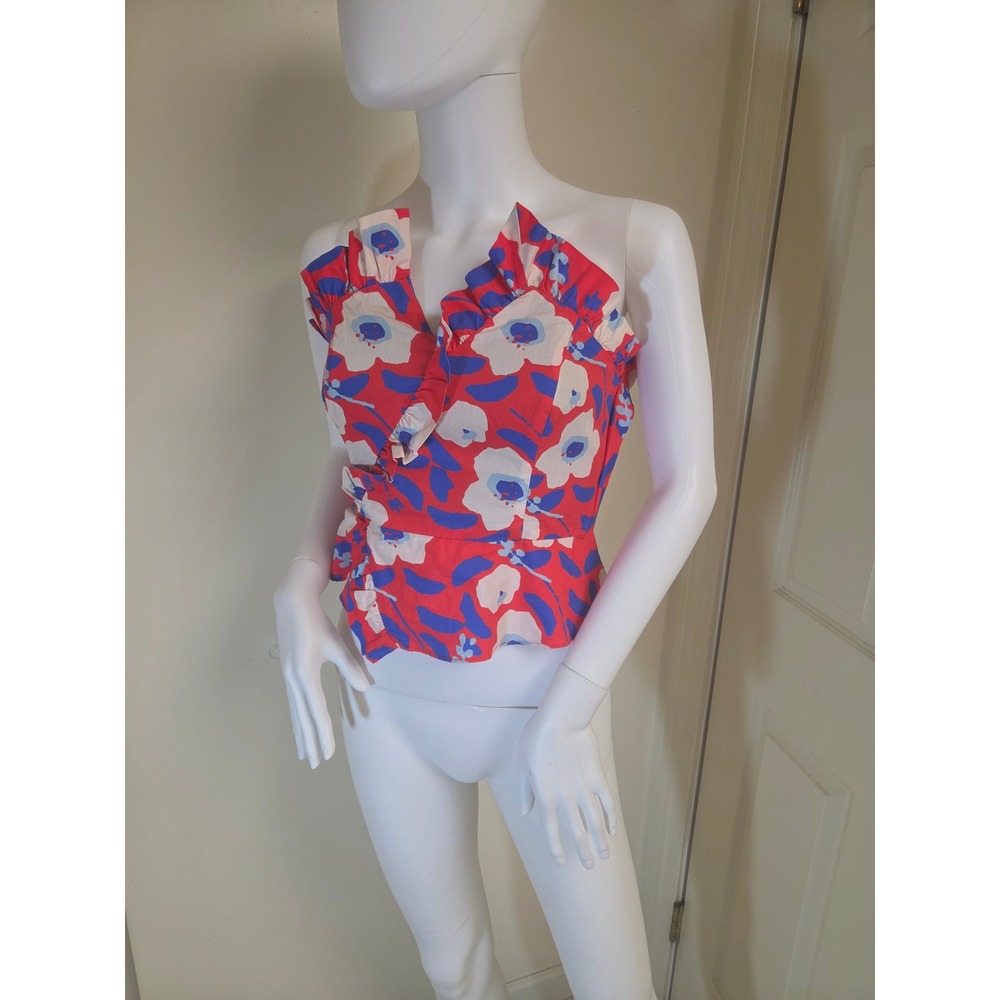 Hutch Red‎ Floral Strapless Peplum Top Ruffle Neck Size 4 Poppy Print Cotton